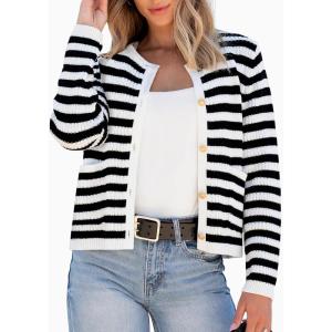 imageANRABESS Women Cardigan Sweater Dressy Casual Classic Long Sleeve Crew Neck Button Down Tweed Knit Jacket 2025 Spring OutfitsBlack White Strip