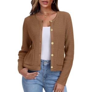 imageANRABESS Women Cardigan Sweater Dressy Casual Classic Long Sleeve Crew Neck Button Down Tweed Knit Jacket 2025 Spring OutfitsBrown