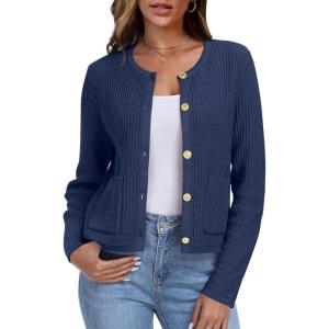 imageANRABESS Women Cardigan Sweater Dressy Casual Classic Long Sleeve Crew Neck Button Down Tweed Knit Jacket 2025 Spring OutfitsDark Blue