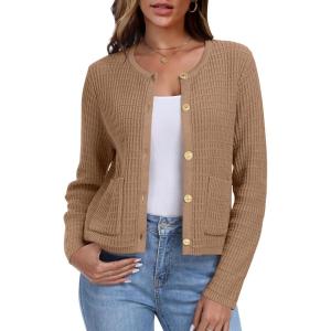 imageANRABESS Women Cardigan Sweater Dressy Casual Classic Long Sleeve Crew Neck Button Down Tweed Knit Jacket 2025 Spring OutfitsDark Khaki