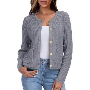 imageANRABESS Women Cardigan Sweater Dressy Casual Classic Long Sleeve Crew Neck Button Down Tweed Knit Jacket 2025 Spring OutfitsGrey