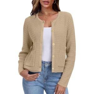 imageANRABESS Women Cardigan Sweater Dressy Casual Classic Long Sleeve Crew Neck Button Down Tweed Knit Jacket 2025 Spring OutfitsKhaki