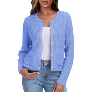 imageANRABESS Women Cardigan Sweater Dressy Casual Classic Long Sleeve Crew Neck Button Down Tweed Knit Jacket 2025 Spring OutfitsLight Blue