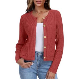 imageANRABESS Women Cardigan Sweater Dressy Casual Classic Long Sleeve Crew Neck Button Down Tweed Knit Jacket 2025 Spring OutfitsOrange Red