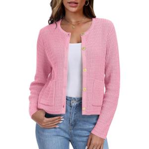 imageANRABESS Women Cardigan Sweater Dressy Casual Classic Long Sleeve Crew Neck Button Down Tweed Knit Jacket 2025 Spring OutfitsPink