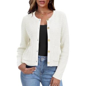 imageANRABESS Women Cardigan Sweater Dressy Casual Classic Long Sleeve Crew Neck Button Down Tweed Knit Jacket 2025 Spring OutfitsWhite
