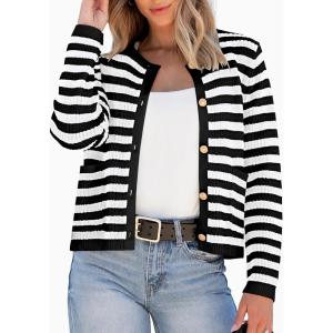 imageANRABESS Women Cardigan Sweater Dressy Casual Classic Long Sleeve Crew Neck Button Down Tweed Knit Jacket 2025 Spring OutfitsWhite Black Strip