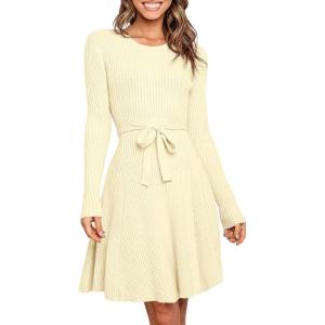 imageANRABESS Womens Long Sleeve Midi Dress Crewneck Tie Waist ALine Swing Casual Bodycon Ribbed Knit 2025 Fall Sweater DressApricot