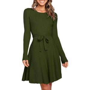 imageANRABESS Womens Long Sleeve Midi Dress Crewneck Tie Waist ALine Swing Casual Bodycon Ribbed Knit 2025 Fall Sweater DressArmy Green