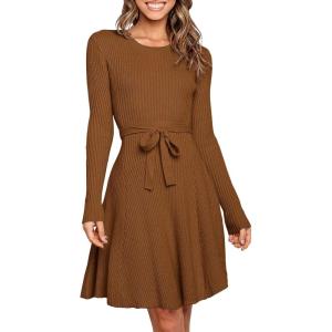 imageANRABESS Womens Long Sleeve Midi Dress Crewneck Tie Waist ALine Swing Casual Bodycon Ribbed Knit 2025 Fall Sweater DressCaramel