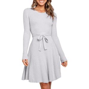 imageANRABESS Womens Long Sleeve Midi Dress Crewneck Tie Waist ALine Swing Casual Bodycon Ribbed Knit 2025 Fall Sweater DressLight Purple