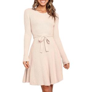 imageANRABESS Womens Long Sleeve Midi Dress Crewneck Tie Waist ALine Swing Casual Bodycon Ribbed Knit 2025 Fall Sweater DressPink