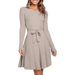 imageANRABESS Womens Long Sleeve Midi Dress Crewneck Tie Waist ALine Swing Casual Bodycon Ribbed Knit 2025 Fall Sweater DressRed Apricot