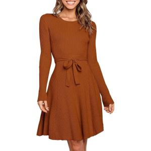 imageANRABESS Womens Long Sleeve Midi Dress Crewneck Tie Waist ALine Swing Casual Bodycon Ribbed Knit 2025 Fall Sweater DressRust