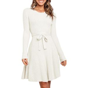 imageANRABESS Womens Long Sleeve Midi Dress Crewneck Tie Waist ALine Swing Casual Bodycon Ribbed Knit 2025 Fall Sweater DressWhite