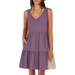 imageANRABESS Womens Summer Casual Tank Dress Sleeveless V Neck T Shirt Sundress Flowy Tiered Swing Mini Beach Vacation DressesPurple