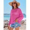imageANRABESS Womens Crochet Cover Up Summer Long Sleeve Loose Fit Casual Sweater Tops Hollow Out Knit Swimwear 2025 Beach ShirtsHot Pink