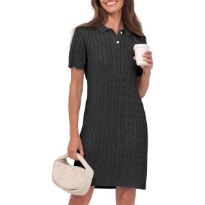 imageANRABESS Short Sleeve Sweater Dress for Women Summer Casual V Neck Cable Knit Mini Polo Dresses 2025 TrendyBlack
