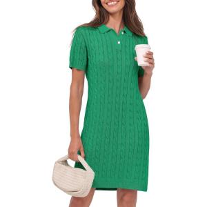 imageANRABESS Short Sleeve Sweater Dress for Women Summer Casual V Neck Cable Knit Mini Polo Dresses 2025 TrendyGreen