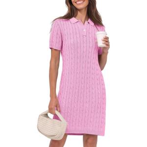 imageANRABESS Short Sleeve Sweater Dress for Women Summer Casual V Neck Cable Knit Mini Polo Dresses 2025 TrendyPink