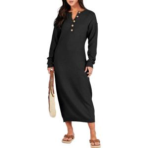 imageANRABESS Women Long Sleeve Button V Neck Oversized Casual Loose Fit Waffle Knit Fall Midi Sweater Dress 2025 Trendy OutfitsBlack