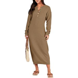 imageANRABESS Women Long Sleeve Button V Neck Oversized Casual Loose Fit Waffle Knit Fall Midi Sweater Dress 2025 Trendy OutfitsKhaki