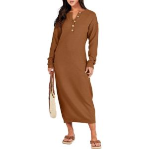 imageANRABESS Women Long Sleeve Button V Neck Oversized Casual Loose Fit Waffle Knit Fall Midi Sweater Dress 2025 Trendy OutfitsLight Khaki