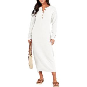 imageANRABESS Women Long Sleeve Button V Neck Oversized Casual Loose Fit Waffle Knit Fall Midi Sweater Dress 2025 Trendy OutfitsWhite