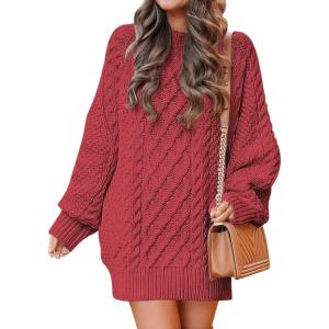 imageANRABESS Women Long Sleeve Oversized Cable Knit Chunky Baggy Loose Pullover Tunic Mini Sweater Dress 2025 Trendy Fall OutfitsCherry