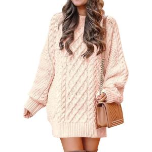 imageANRABESS Women Long Sleeve Oversized Cable Knit Chunky Baggy Loose Pullover Tunic Mini Sweater Dress 2025 Trendy Fall OutfitsPink