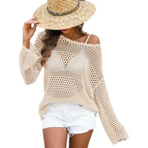 imageANRABESS Womens Crochet Cover Up Summer Long Sleeve Loose Fit Casual Sweater Tops Hollow Out Knit Swimwear 2025 Beach ShirtsBeige