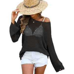 imageANRABESS Womens Crochet Cover Up Summer Long Sleeve Loose Fit Casual Sweater Tops Hollow Out Knit Swimwear 2025 Beach ShirtsBlack