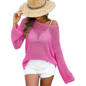 imageANRABESS Womens Crochet Cover Up Summer Long Sleeve Loose Fit Casual Sweater Tops Hollow Out Knit Swimwear 2025 Beach ShirtsHot Pink