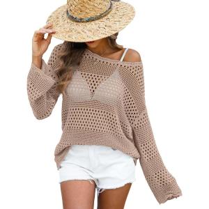 imageANRABESS Womens Crochet Cover Up Summer Long Sleeve Loose Fit Casual Sweater Tops Hollow Out Knit Swimwear 2025 Beach ShirtsKhaki
