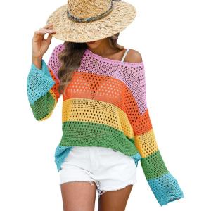 imageANRABESS Womens Crochet Cover Up Summer Long Sleeve Loose Fit Casual Sweater Tops Hollow Out Knit Swimwear 2025 Beach ShirtsStripe Rainbow