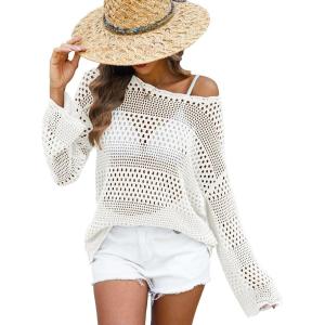 imageANRABESS Womens Crochet Cover Up Summer Long Sleeve Loose Fit Casual Sweater Tops Hollow Out Knit Swimwear 2025 Beach ShirtsWhite