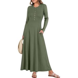 imageANRABESS Womens Long Sleeve Casual Maxi Dress Button Fit ampamp Flare ALine Swing Flowy Long Dresses 2025 Spring Trendy OutfitsArmy Green