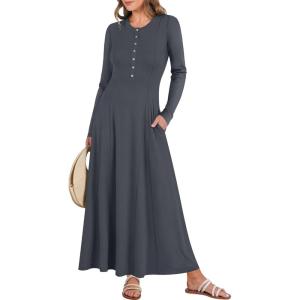 imageANRABESS Womens Long Sleeve Casual Maxi Dress Button Fit ampamp Flare ALine Swing Flowy Long Dresses 2025 Spring Trendy OutfitsDark Gray