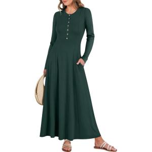 imageANRABESS Womens Long Sleeve Casual Maxi Dress Button Fit ampamp Flare ALine Swing Flowy Long Dresses 2025 Spring Trendy OutfitsDeep Green