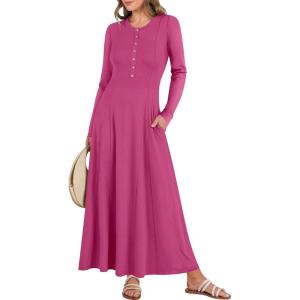 imageANRABESS Womens Long Sleeve Casual Maxi Dress Button Fit ampamp Flare ALine Swing Flowy Long Dresses 2025 Spring Trendy OutfitsHot Pink