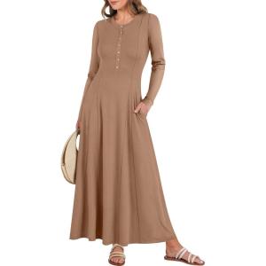 imageANRABESS Womens Long Sleeve Casual Maxi Dress Button Fit ampamp Flare ALine Swing Flowy Long Dresses 2025 Spring Trendy OutfitsKhaki