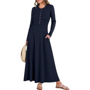 imageANRABESS Womens Long Sleeve Casual Maxi Dress Button Fit ampamp Flare ALine Swing Flowy Long Dresses 2025 Spring Trendy OutfitsNavy Blue