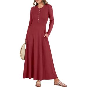 imageANRABESS Womens Long Sleeve Casual Maxi Dress Button Fit ampamp Flare ALine Swing Flowy Long Dresses 2025 Spring Trendy OutfitsRed