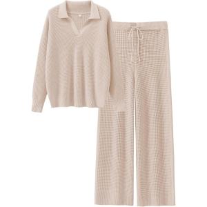 imageANRABESS Womens Two Piece Outfits Sweater Sets Waffle Knit Pullover Wide Leg Pants Tracksuit Sweatsuits Matching Lounge SetApricot