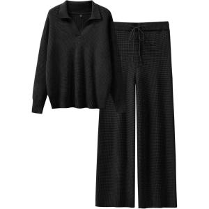 imageANRABESS Womens Two Piece Outfits Sweater Sets Waffle Knit Pullover Wide Leg Pants Tracksuit Sweatsuits Matching Lounge SetBlack