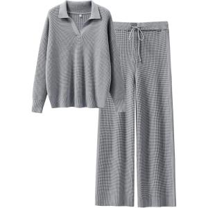 imageANRABESS Womens Two Piece Outfits Sweater Sets Waffle Knit Pullover Wide Leg Pants Tracksuit Sweatsuits Matching Lounge SetGrey