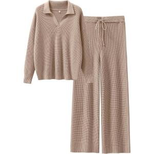 imageANRABESS Womens Two Piece Outfits Sweater Sets Waffle Knit Pullover Wide Leg Pants Tracksuit Sweatsuits Matching Lounge SetKhaki