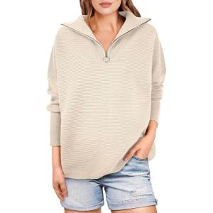 imageANRABESS Women Quarter Zip Oversized Casual Loose Rib Knit Cozy Pullover Sweaters Top 2025 Fall Fashion Outfits ClothesApricot
