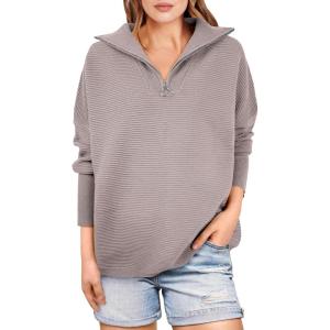 imageANRABESS Women Quarter Zip Oversized Casual Loose Rib Knit Cozy Pullover Sweaters Top 2025 Fall Fashion Outfits ClothesCamel
