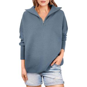 imageANRABESS Women Quarter Zip Oversized Casual Loose Rib Knit Cozy Pullover Sweaters Top 2025 Fall Fashion Outfits ClothesDusty Blue